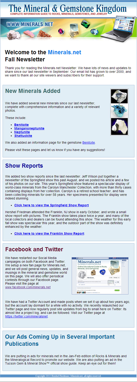 Fall 2013 edition of the Minerals.net online newsletter