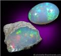 White Opal (cabochon and rough) from 570 km north of Addis Ababa, Wello (Wollo), Delanta Plateau, Tigray, Ethiopia.